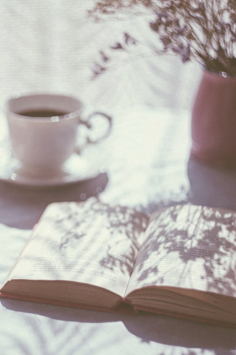 A cup of tea and an open book on a sunlit table
